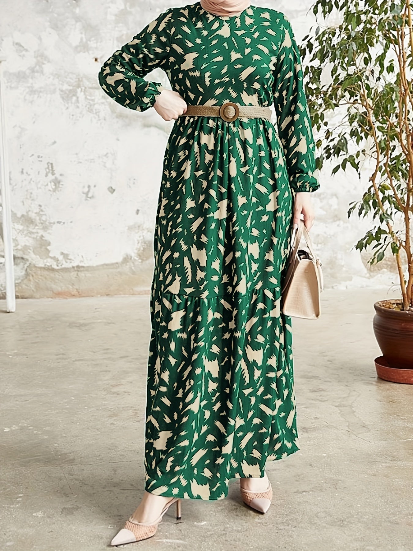 Vibrant Color Block Maxi Dress - Elastic Polyester Crew Neck Modest Dress with Belt, Machine Washable, Random Print, Woven Fabric, Perfect for Spring & Fall, Middle East Style Womens Clothing