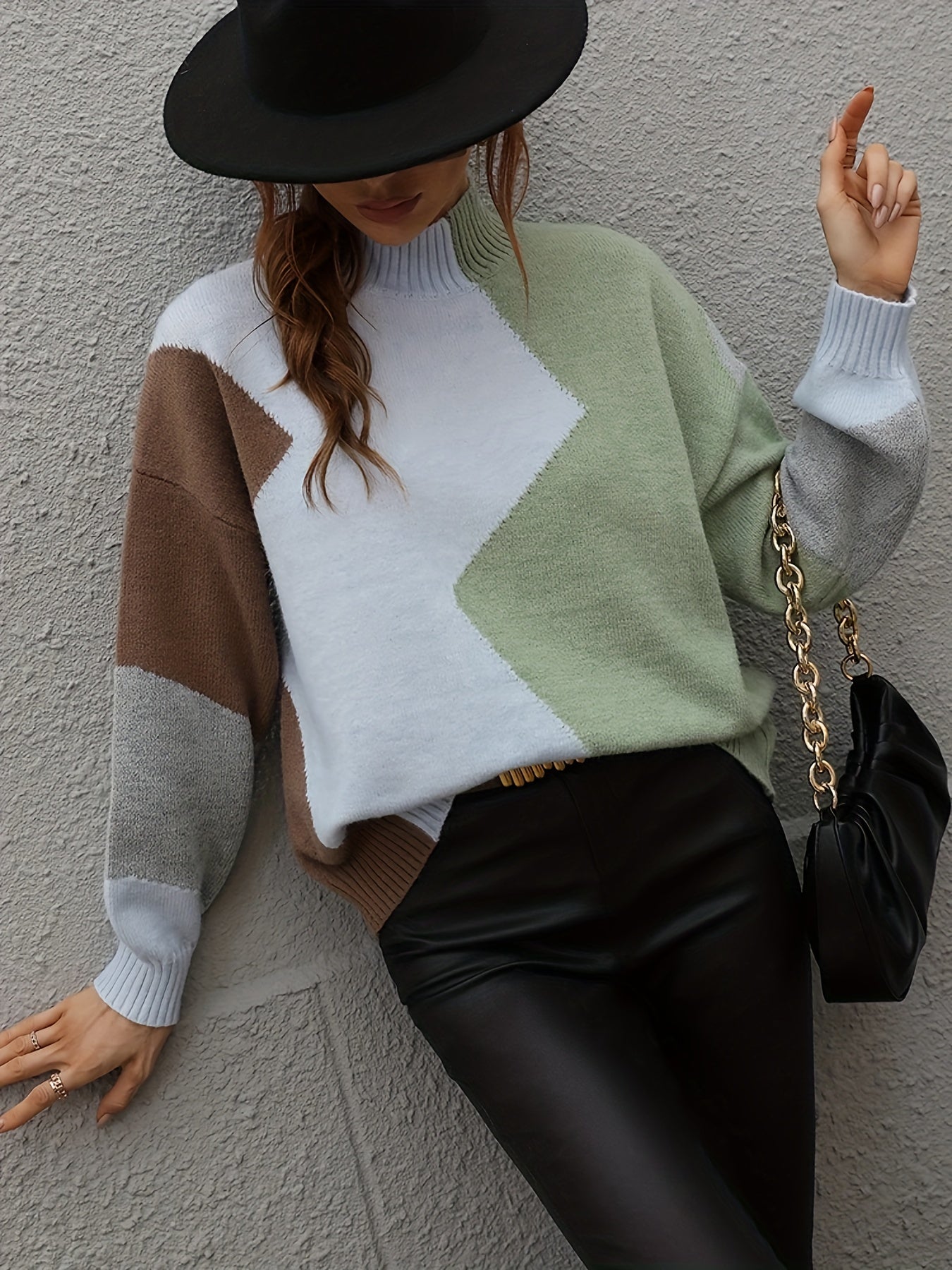 Plus Size Color Block Turtle Neck Sweater, Long Sleeve Elegant Sweater For Spring & Winter, Women's Plus Size Clothing