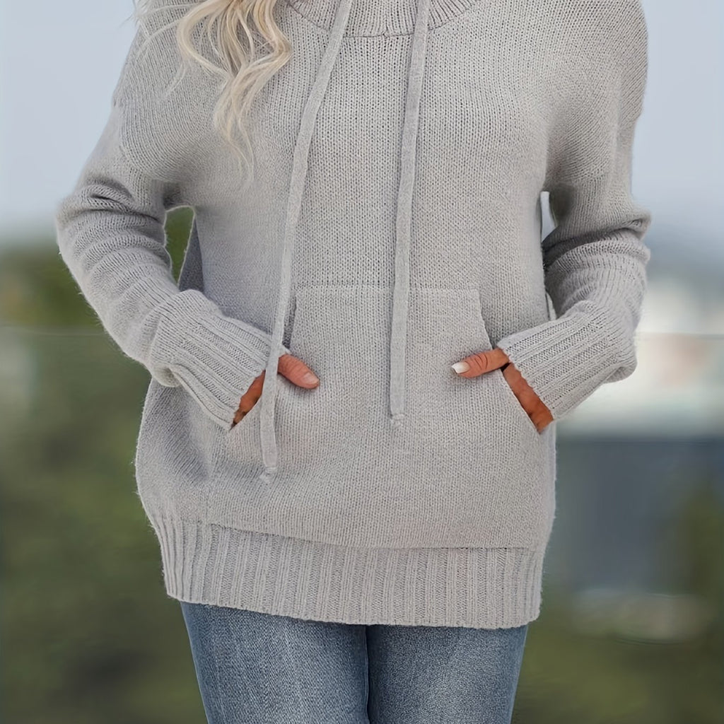 Plus Size Kangaroo Pocket Knitted Sweater, Casual Hooded Long Sleeve Sweater For Fall & Winter, Women's Plus Size Clothing