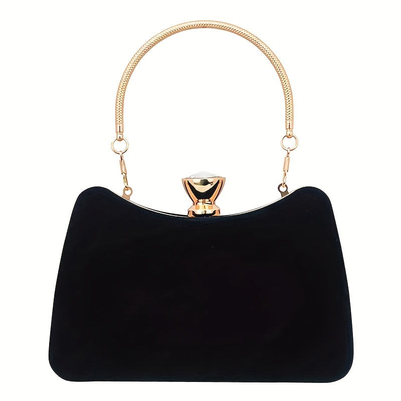 Women'S Elegant Black Luxury Evening Clutch Handbag with Golden-Tone Hardware - Structured Round Top & Chain Strap, Formal Party Purse for Special Occasions, Sophisticated Accessory, Golden-Tone Buckle Closure