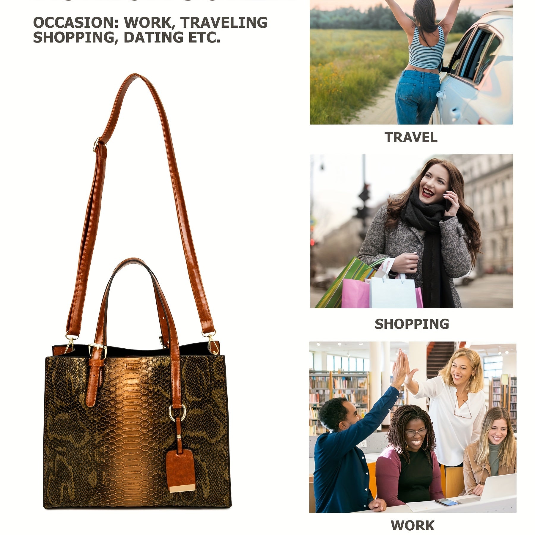 Set of 3 Stylish Tote Bags for Women Featuring a Crocodile Pattern