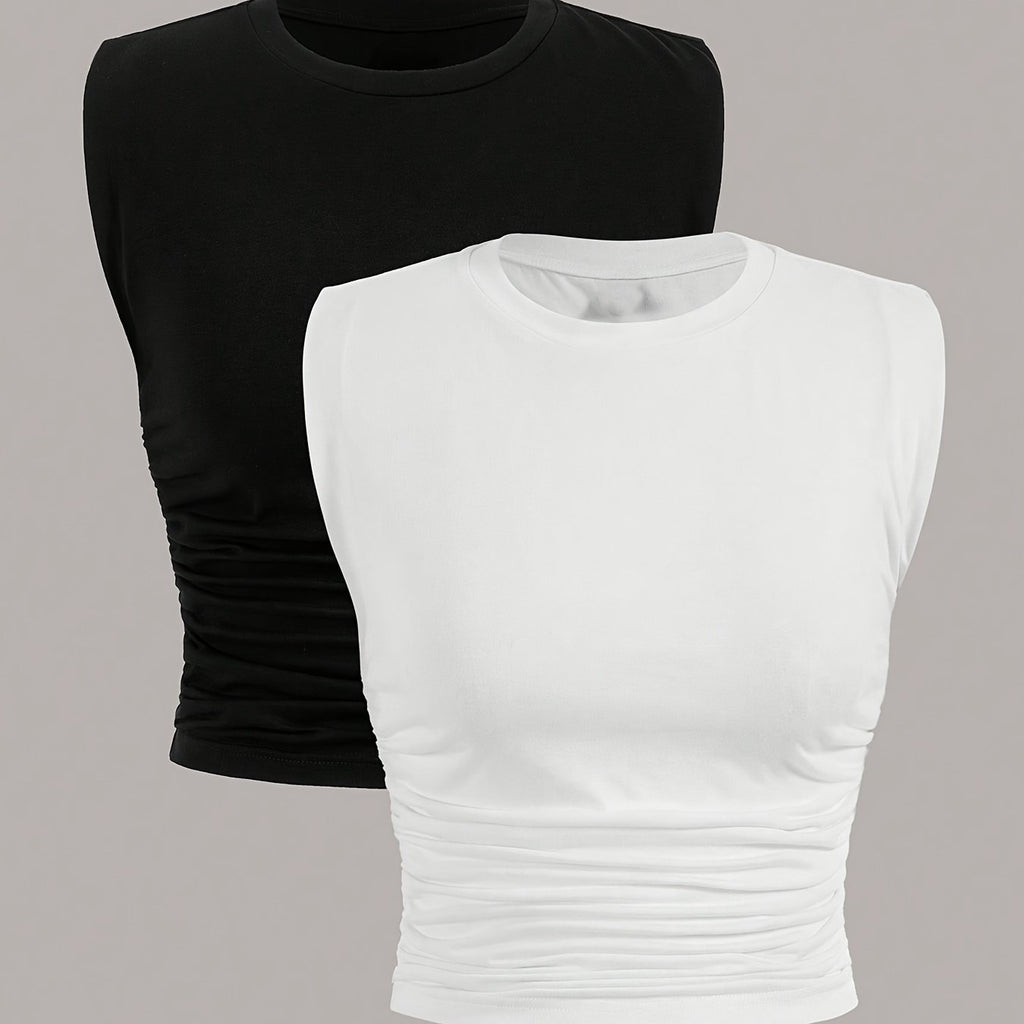 2 Packs Plus Size Solid Ruched Tank Tops, Casual Crew Neck Sleeveless Top For Spring & Summer, Women's Plus Size Clothing