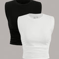 2 Packs Plus Size Solid Ruched Tank Tops, Casual Crew Neck Sleeveless Top For Spring & Summer, Women's Plus Size Clothing