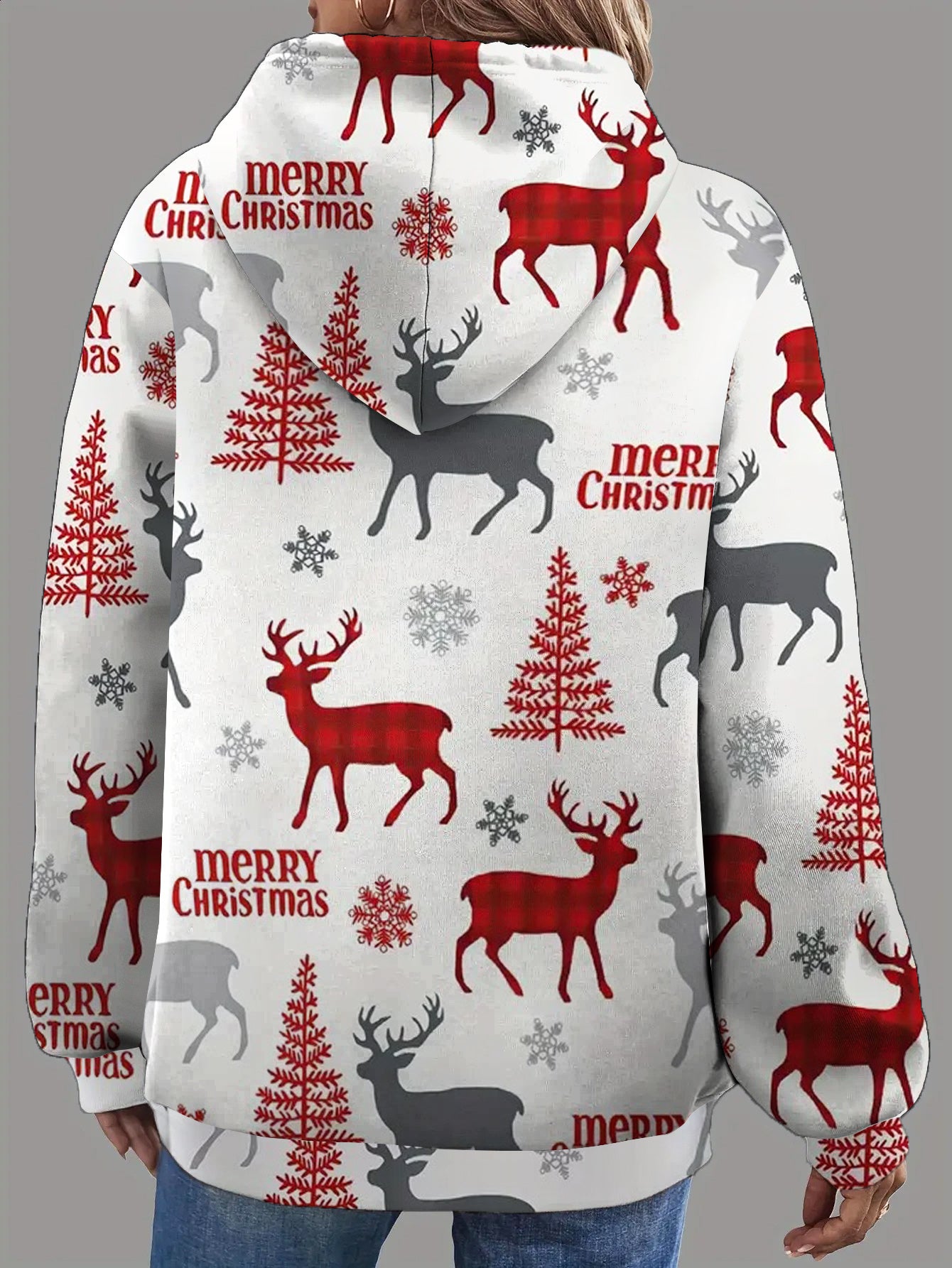 Women's Elegant Winter White & Red Christmas Jacket with Reindeer, Snowflakes & Tree Print - Full-Zip Hooded Coat, Full-Length Zipper Closure, Machine Washable Casual Outerwear for Holiday Parties, Christmas Outfits & Everyda
