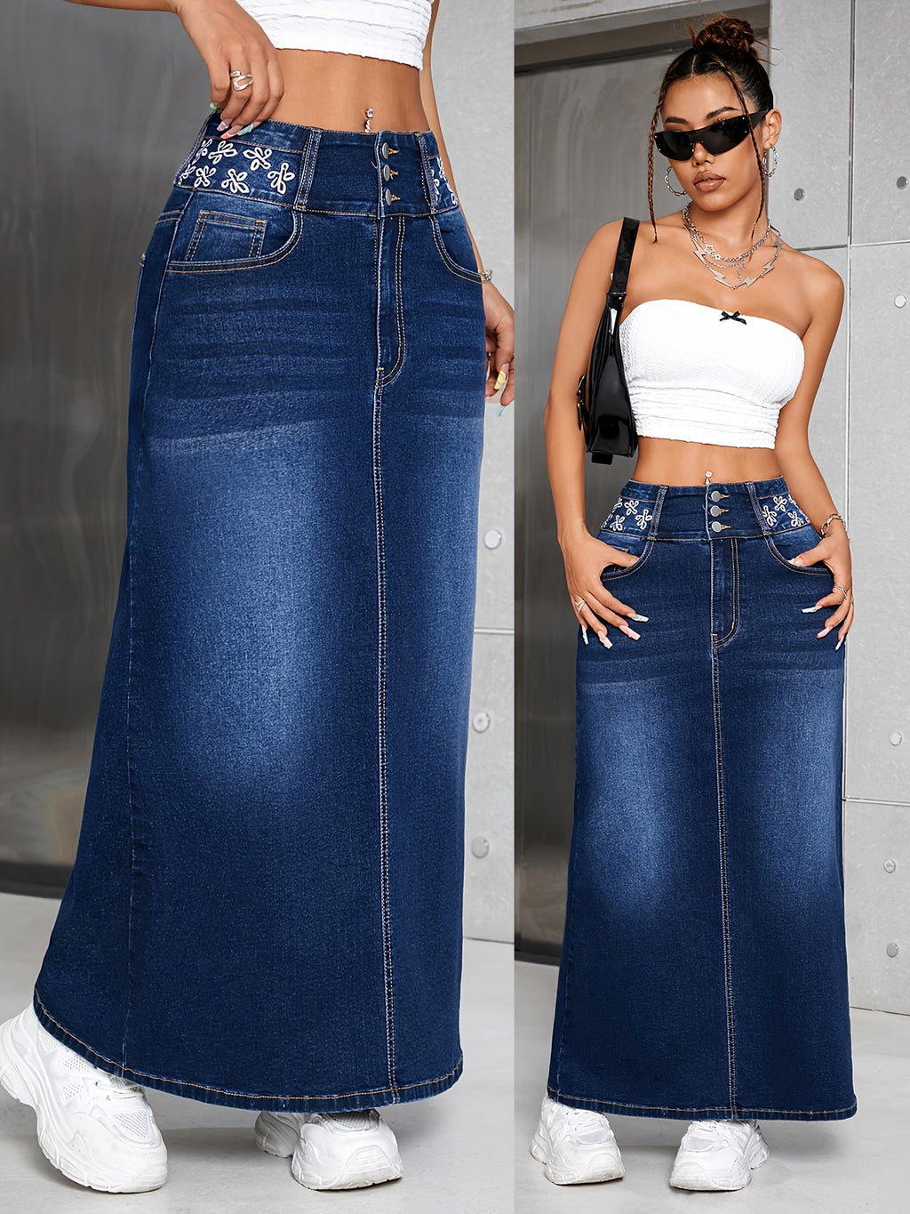 Women's High Rise Maxi Denim Skirt - Floral Embroidered, Single-breasted, Washed, Comfortable, Stylish, and Perfect for Casual Occasions