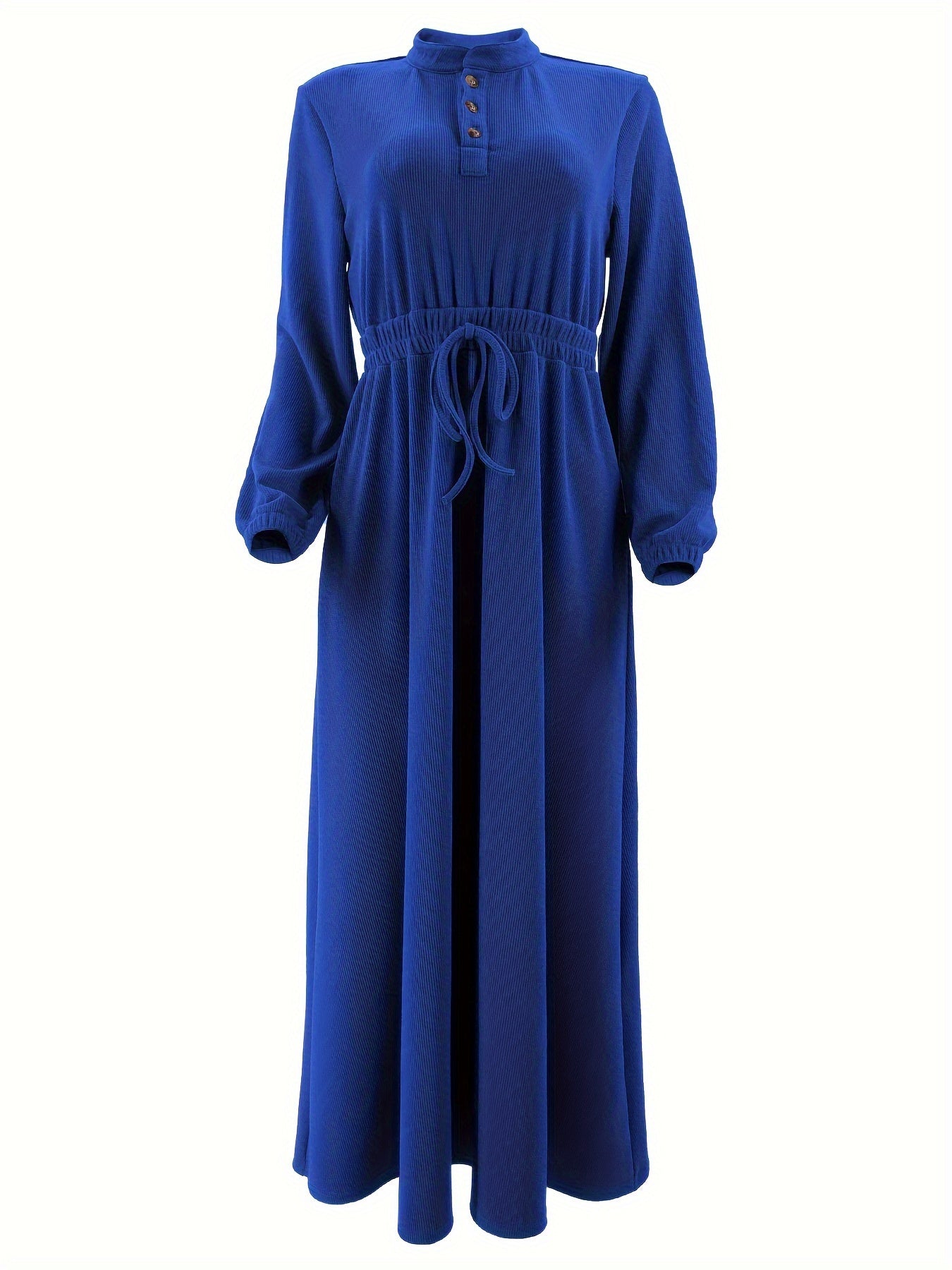 Elegant Navy Blue Maxi Dress for Women - Casual Solid Color with Button Detail, Long Sleeves, Polyester & Spandex Blend, Machine Washable - Perfect for All Seasons