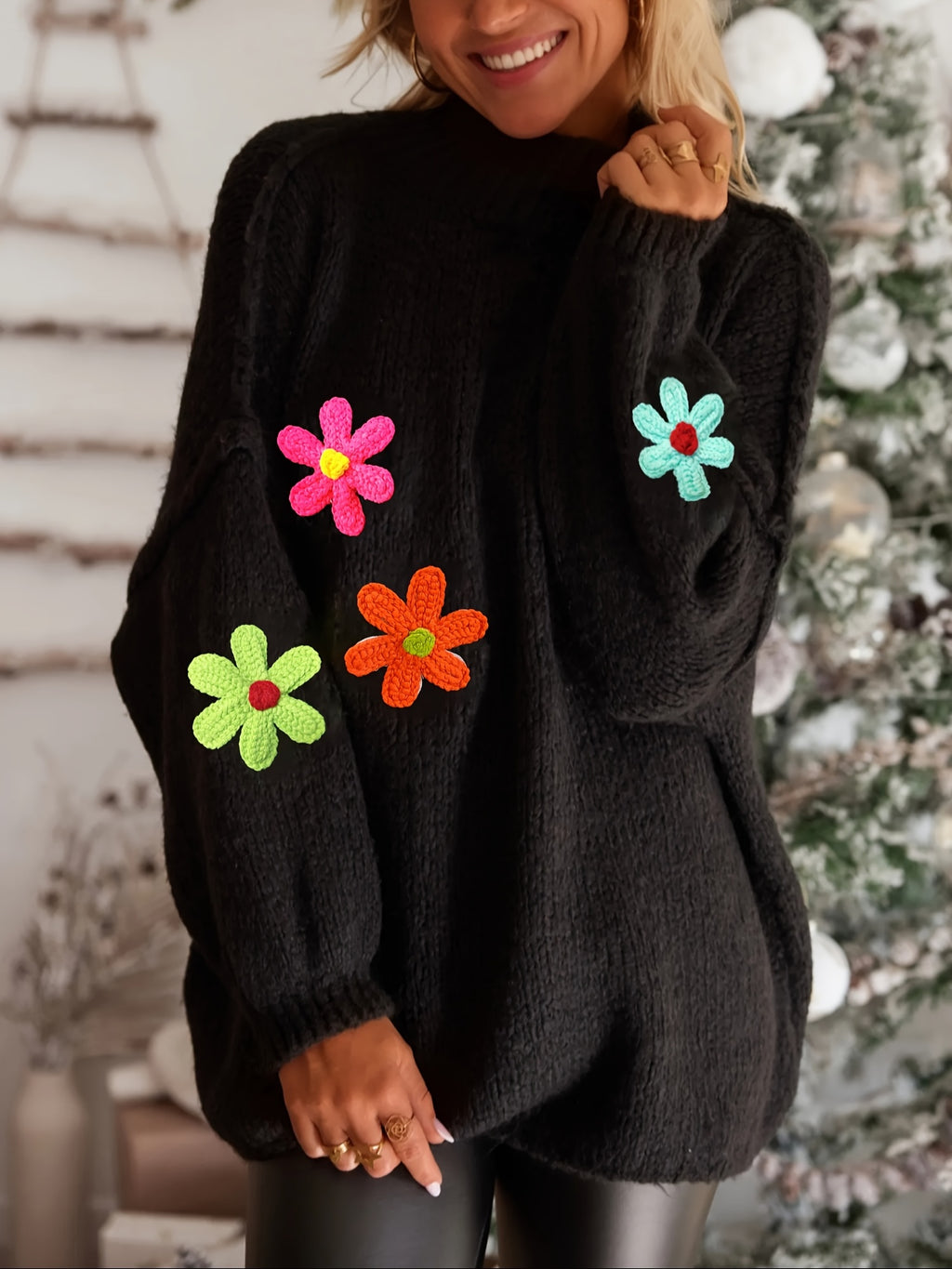 Plus Size Floral Applique Knit Sweater, Casual Long Sleeve High Neck Top For Fall & Winter, Women's Plus Size Clothing