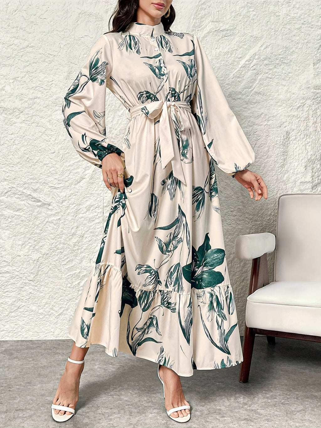 Elegant Floral Print Maxi Dress with Stand Collar - Polyester, Machine Washable, Non-Sheer - Perfect for All Seasons, Women's Fashion Kaftan Style