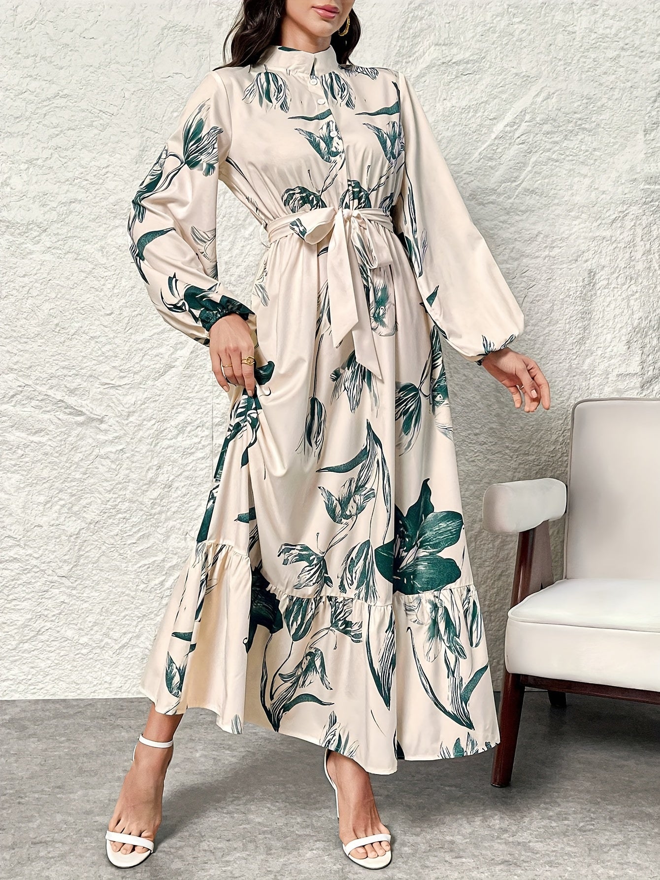 Elegant Floral Print Maxi Dress with Stand Collar - Polyester, Machine Washable, Non-Sheer - Perfect for All Seasons, Women's Fashion Kaftan Style