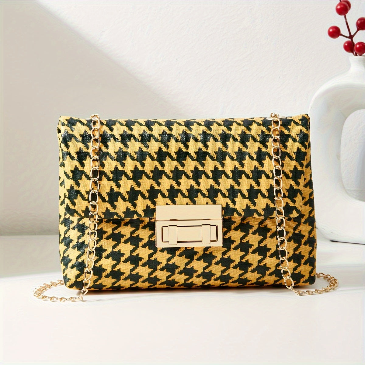 Houndstooth Crossbody Bag, Fashion Chain Shoulder Bag, Women's Flap Square Purse With Lock