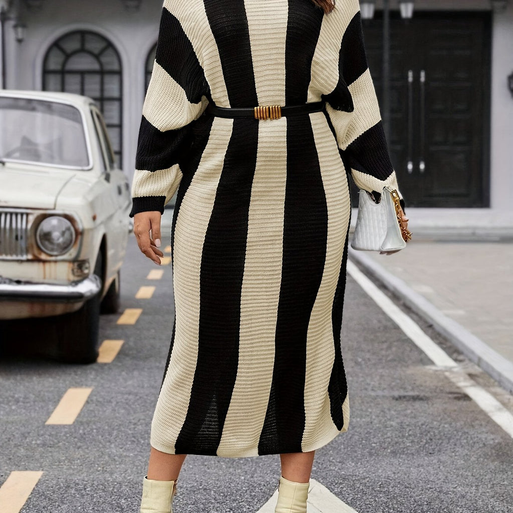 Plus Size Color Block Dress, Stylish Crew Neck Batwing Sleeve Knitted Dress, Women's Plus Size Clothing