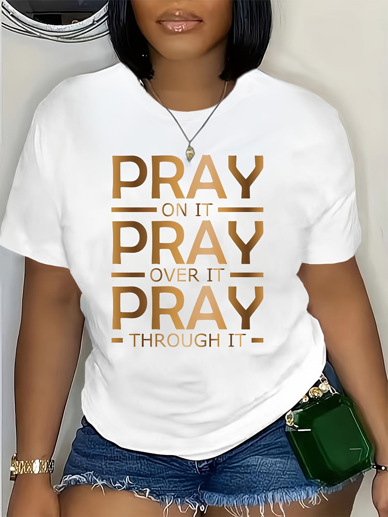 Plus Size Letter Print T-Shirt, Casual Crew Neck Short Sleeve T-Shirt, Women's Plus Size Clothing