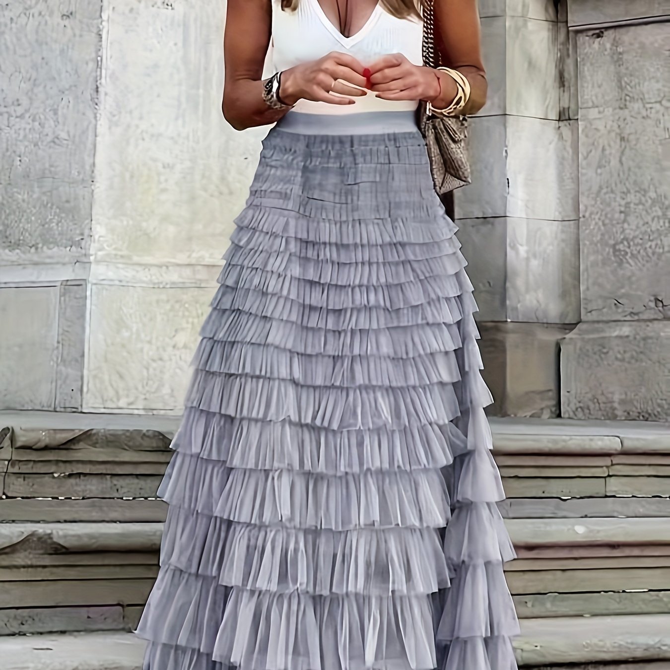 Mesh Layered Hem Skirt, Boho High Waist Skirt, Women's Clothing