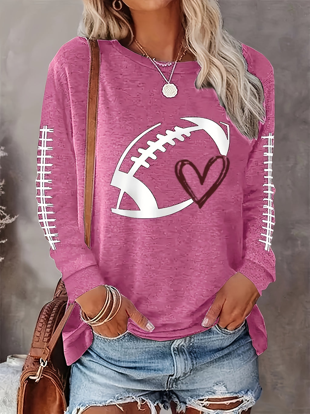 Plus Size Football Print Crew Neck T-shirt, Casual Long Sleeve Top For Spring & Fall, Women's Plus Size Clothing
