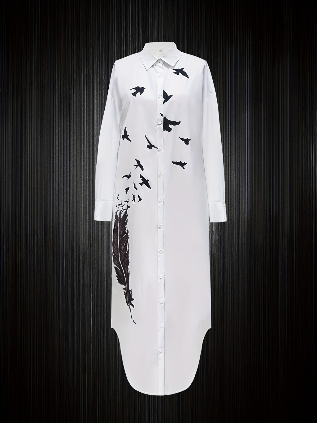 Feather Print Simple Dress, Elegant Button Front Long Sleeve Maxi Dress, Women's Clothing