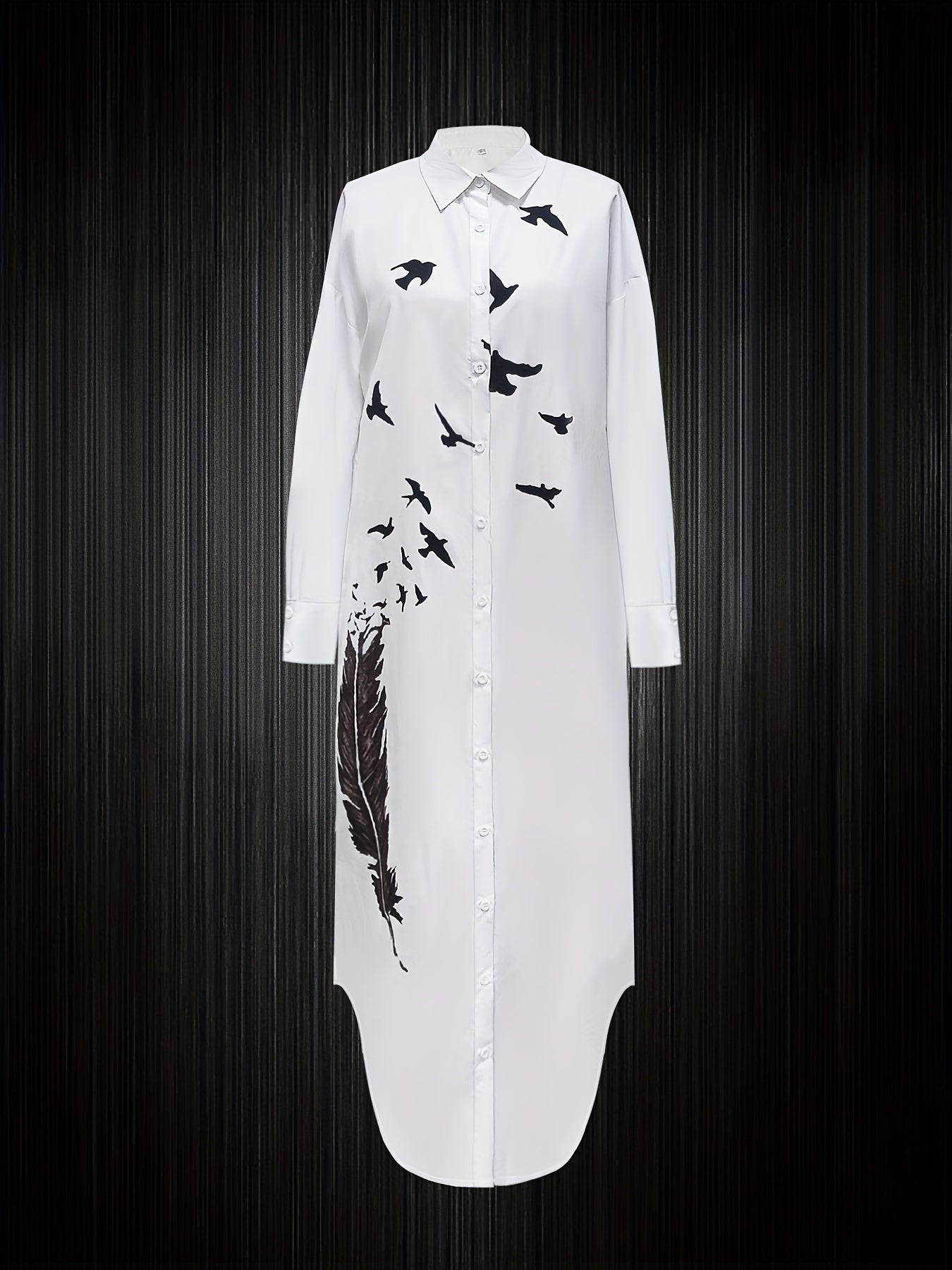 Feather Print Simple Dress, Elegant Button Front Long Sleeve Maxi Dress, Women's Clothing
