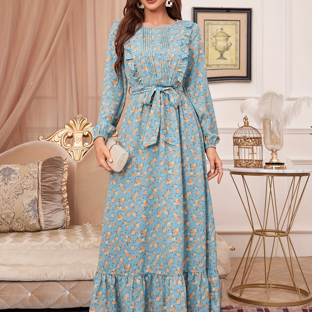 Floral Print Ruffle Hem Dress, Elegant Tucked Long Sleeve Belted Maxi Dress For Spring & Fall, Women's Clothing