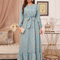 Floral Print Ruffle Hem Dress, Elegant Tucked Long Sleeve Belted Maxi Dress For Spring & Fall, Women's Clothing