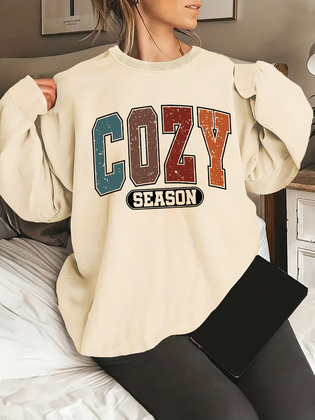 Plus Size Letter Print Sweatshirt, Casual Crew Neck Long Sleeve Pullover Sweatshirt, Women's Plus Size Clothing