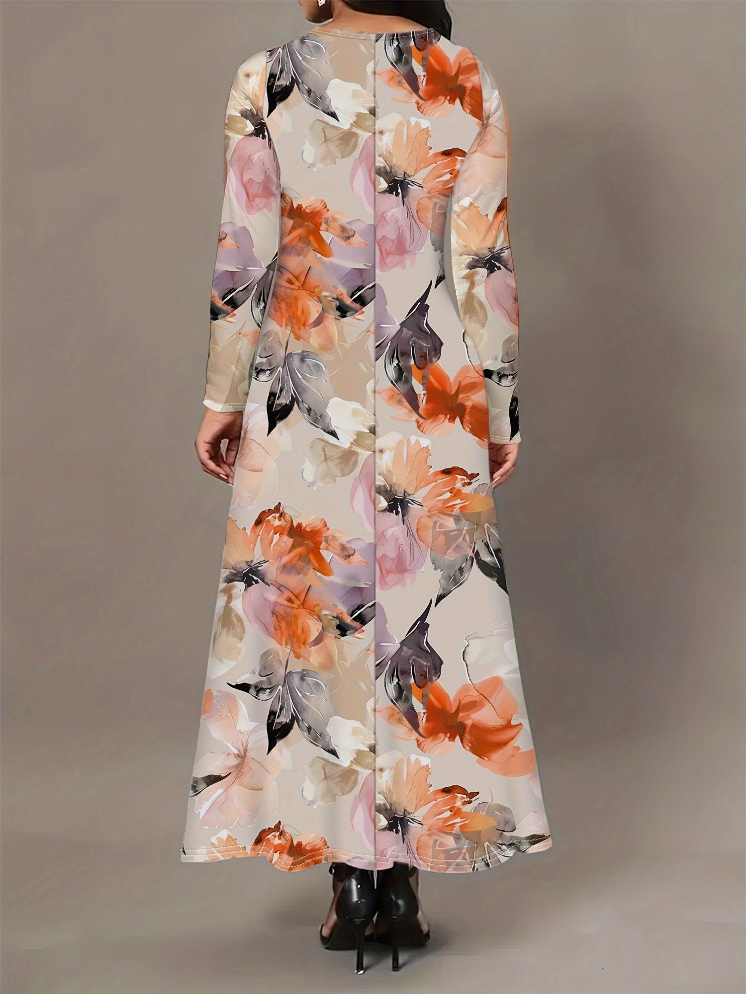 Stylish Women's Long Sleeve Maxi Dress with Pockets - Elegant Leopard Print, Crew Neck, Stretchy Polyester Blend for Fall/Winter