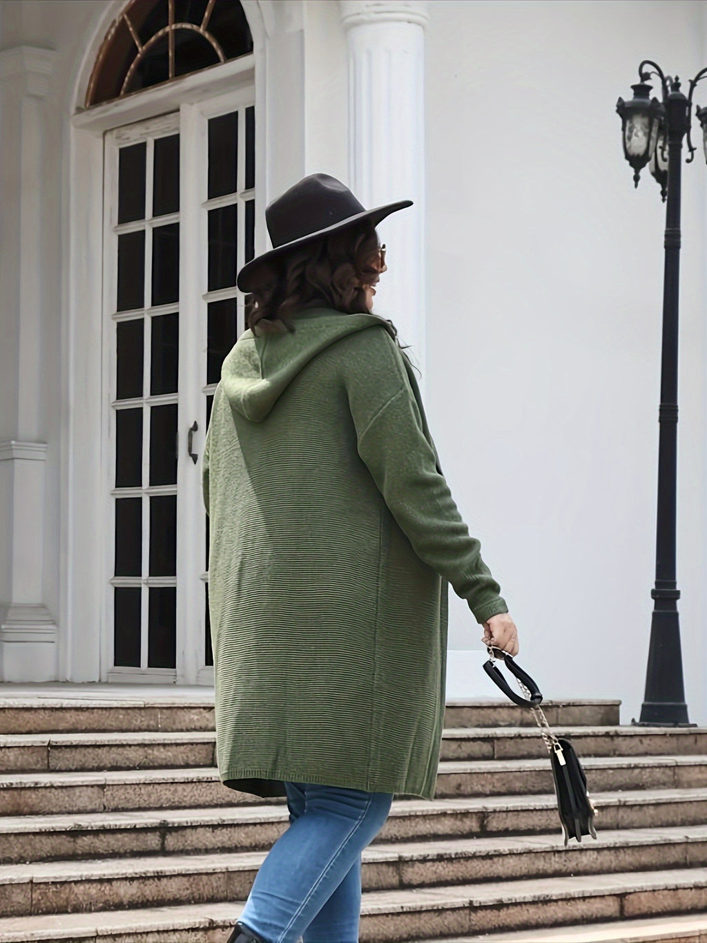 Plus Size Solid Color Hooded Cardigan, Casual Long Sleeve Mid Length Buttons Sweater, Women's Plus Size Clothing