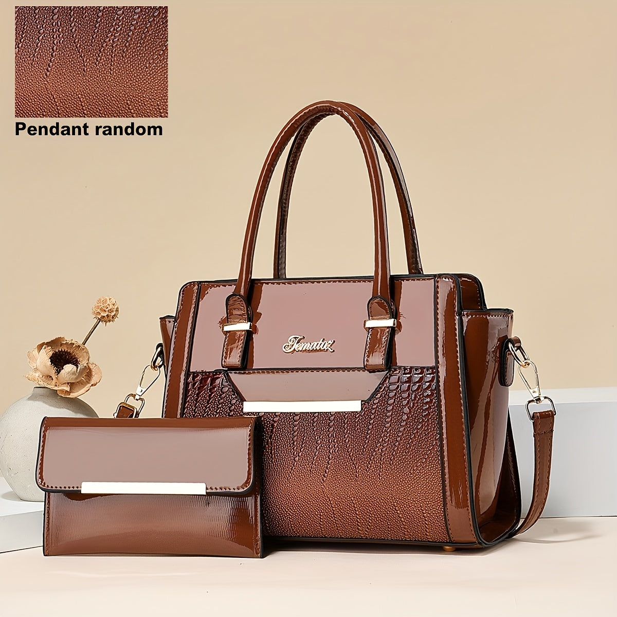2Pcs Stylish Crocodile Print Womens Bag Set - Fashion Tote & Coin Purse - Solid Colors, Multi-layer Design for Organized Commuting